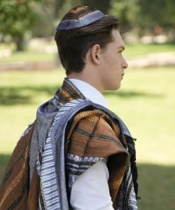 Gabrieli Tallit Elia - Silk Tallit- Copper Orange With Gold On Gray