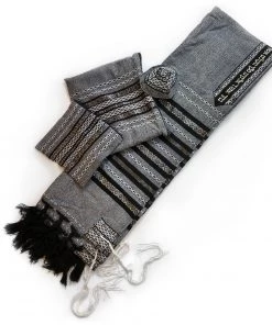 Gabrieli Tallit Gabrieli Tallits Gabrieli Premium - Wool Tallit - Black, White & Silver On Gray