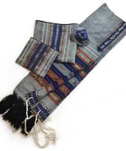 Gabrieli Tallit Gabrieli Premium - Wool Tallit - Blue & Orange With Silver On Gray