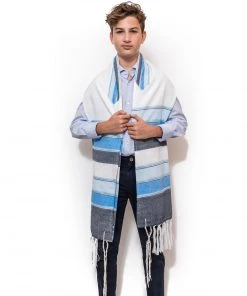Gabrieli Tallit Noam - Silk Tallit - 3 Blues And Silver On White