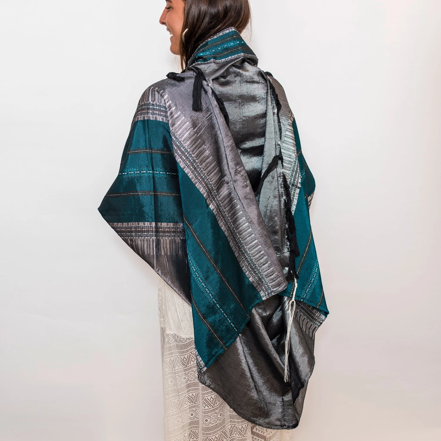 Gabrieli Tallit Elia - Silk Tallit- Turquoise And Silver On Gray 3 Gabrieli Tallit Elia - Silk Tallit- Turquoise And Silver On Gray
