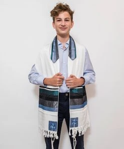 Elegant Gabrieli Tallit - Turquoise On White