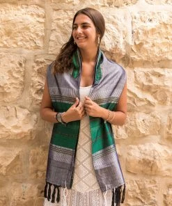 Gabrieli Tallit Elia - Silk Tallit- Green And Gold On Gray Gabrieli Tallits