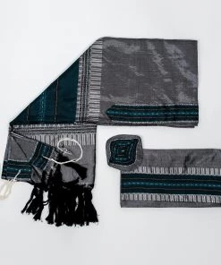 Gabrieli Tallit Elia - Silk Tallit- Turquoise And Silver On Gray 9 Gabrieli Tallit Elia - Silk Tallit- Turquoise And Silver On Gray