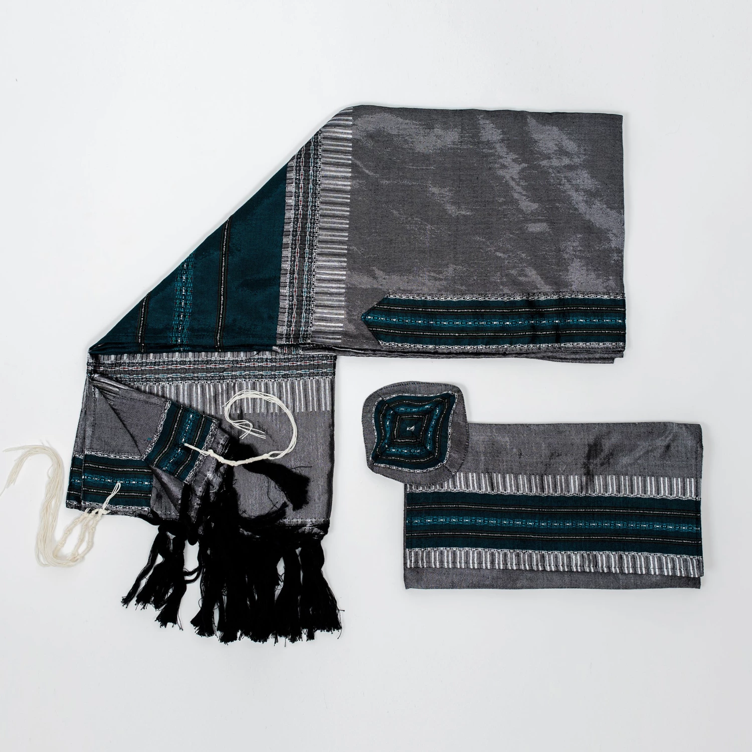 Gabrieli Tallit Elia - Silk Tallit- Turquoise And Silver On Gray 6 Gabrieli Tallit Elia - Silk Tallit- Turquoise And Silver On Gray
