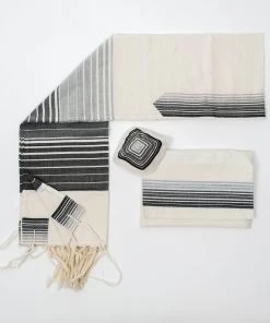 Gabrieli Tallit Ella - Cotton Tallit - Shades Of Gray With Silver On Off-White