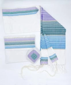 Gabrieli Tallit Ella - Silk Tallit - Pastel Purple, Teal And Blue With Gold On White