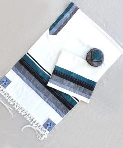 Elegant Gabrieli Tallit - Turquoise On White