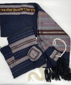 Gabrieli Tallit Gabrieli Premium - Wool Tallit - Lilac Purple, White, Bordeaux And Gold On Dark Blue Gabrieli Tallits