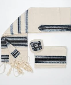 Gabrieli Tallit Gabrieli Tallits Adam - Cotton Tallit - Blues And Silver On Off-White