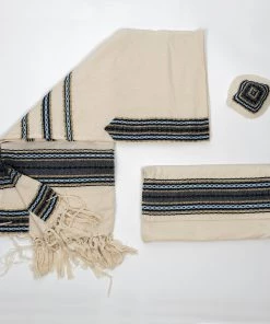 Gabrieli Tallit Adam - Cotton Tallit - Blues And Gold On Off-White Gabrieli Tallits