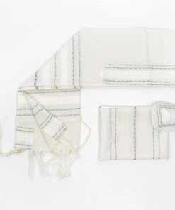 Gabrieli Tallit Perach - Wool Tallit - Silver Stripes On Off-White Gabrieli Tallits