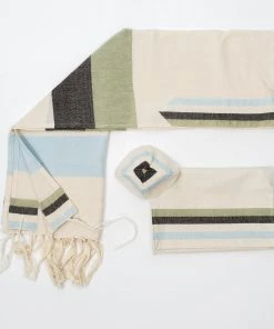 Gabrieli Tallit Emanuel - Cotton Tallit - Blue And Green Wide Stripes On Off-White Gabrieli Tallits
